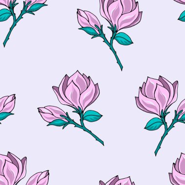 Seamless pattern from a branch of magnolia with a flower and a bud, vector drawing in purple tones by hand with a black outline. Vector illustration for festive design, packaging, wallpaper, fabric, textile, stationery, accessories.