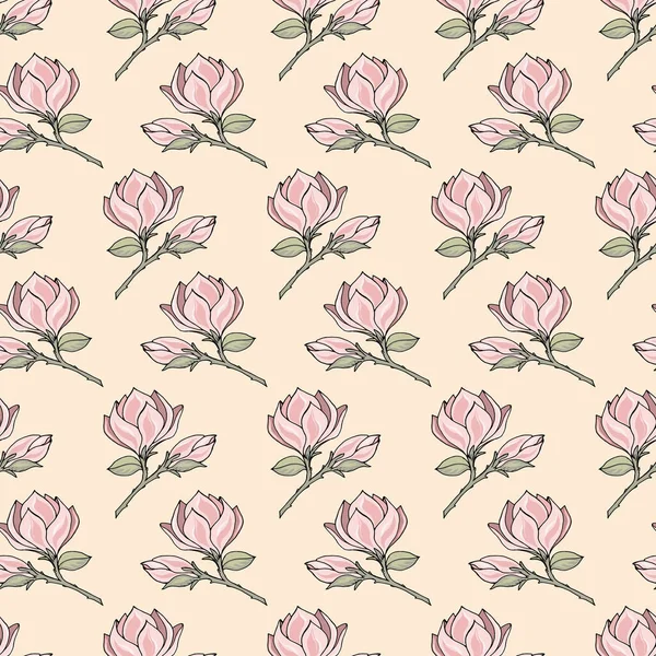 Patrón Sin Costuras Con Ramas Flores Brotes Magnolia Tonos Pastel — Vector de stock