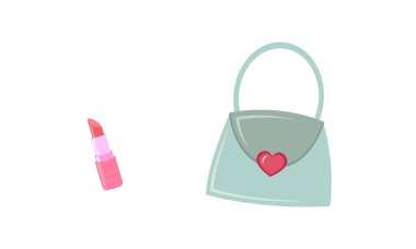 Şık kadın aksesuarları. Beyaz bir arka planda turkuaz kadın çantası ve kırmızı ruj. Vektör illüstrasyonu.