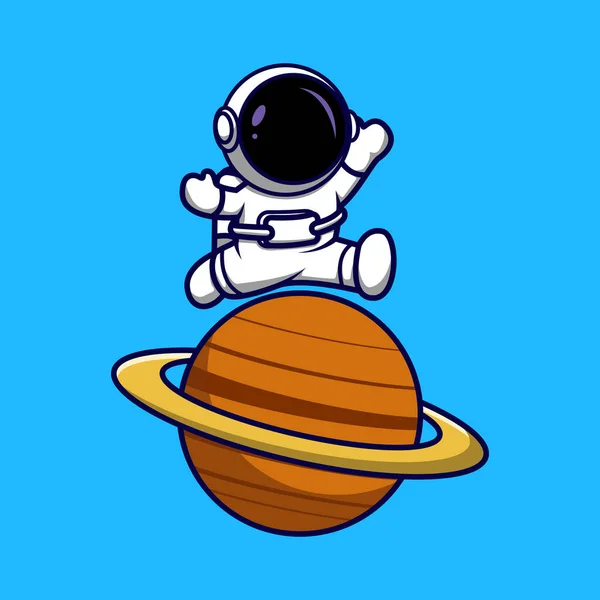 Astronaut Springt Auf Den Planeten Saturnus Gezeichnet Cartoon Stil Auf — Stockvektor