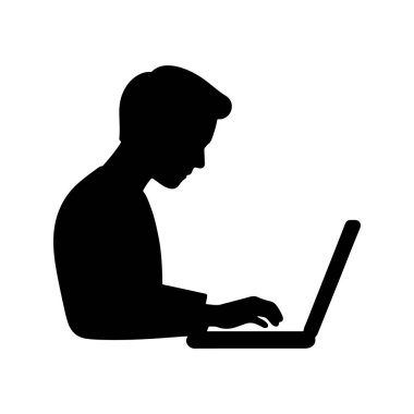 Odaklanmış Laptop Çalışma Silueti Siyah ve Beyaz Uzaktan Üretim