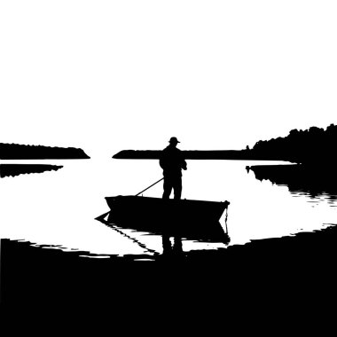 Gün doğumunda gölde küçük bir teknede duran balıkçı silueti.