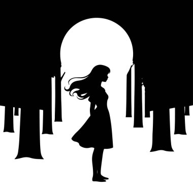 Karanlık bir ormanın ortasında dolunayın altında süzülen saçları olan bir kızın silueti.