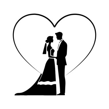 Arka planda sevgi ve birliği sembolize eden kalp şeklinde gelin bir çiftin silueti.