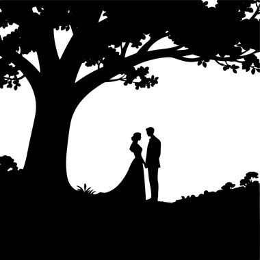 Romantik bir ortamda, büyük bir ağacın altında duran bir gelin çiftin silueti.