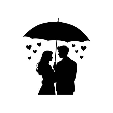 Kalp yağmuruyla şemsiyeyi paylaşan çift