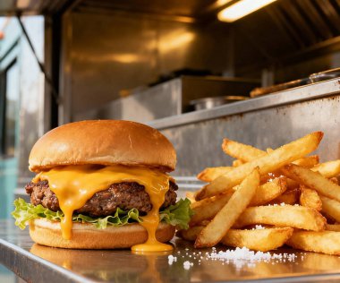 Modern Restoranda hamburger ve patates kızartması servis ediliyor.