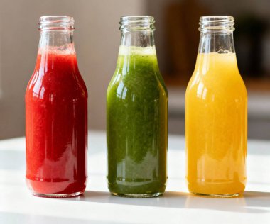 Taze soğuk sıkılmış meyve suyu şişeleri beyazın üzerinde.