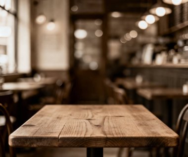 Sıcak ortam aydınlatmalı, rahat bir kafede boş ahşap masa.