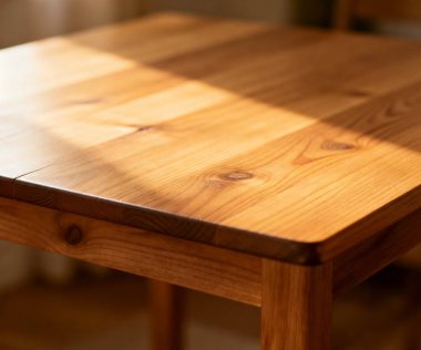 Stüdyoda sıcak güneş ışığı olan yumuşak ahşap masa üstü yüzeyi