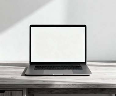 Ahşap masadaki temiz beyaz ekranlı modern dizüstü bilgisayar