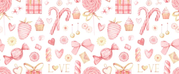 Akvarell rózsaszín és arany zökkenőmentes minta elemek Valentin nap. Édességek, szívek, ékszerek, íjak, virágok, koszorúk, ajándékok elszigetelt fehér alapon. — Stock Fotó