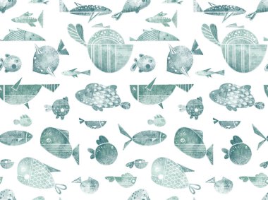 Kusursuz desenli, bembeyaz arka planda karalama yapılmış düz stil balık çizimleri. Desen, kart, poster, ambalaj için turkuaz balıkların stilize edilmiş sanat koleksiyonu.