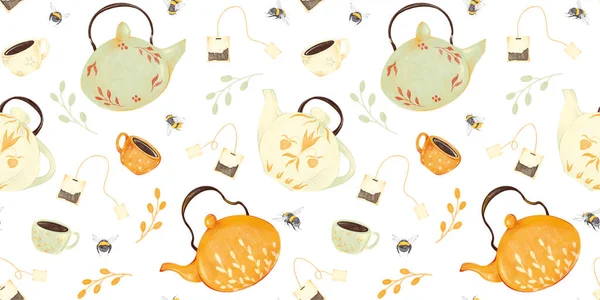 Akvarell tea hangulat zökkenőmentes minta illusztrációjával vízforraló, teafilter, csésze, méh és ág vintage stílusban szövet, papír, textil, ajándék csomagolás elszigetelt fehér háttér. Teáskanna, reggeli.. — Stock Fotó