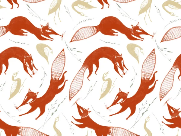 Naadloos patroon met schattige gestileerde springende rode vossen, gouden vogels en kruiden geïsoleerd op witte achtergrond. Artistieke achtergrond in felle kleuren. — Stockfoto