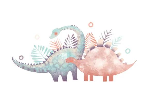 Desenhos animados bonito conjunto infantil com ilustração de dinossauros coloridos, rabiscos, folhas de palma isoladas no fundo branco. Cartaz de bebê com dinossauros. — Fotografia de Stock