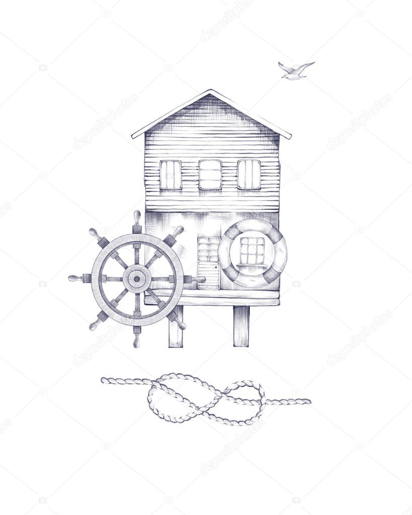 Vintage monochrome nautical elements illustration with sea house, seagull, lifebuoy, wheel and knotted rope. Sea poster collection isolated on white background. Fishermans house on stilts.