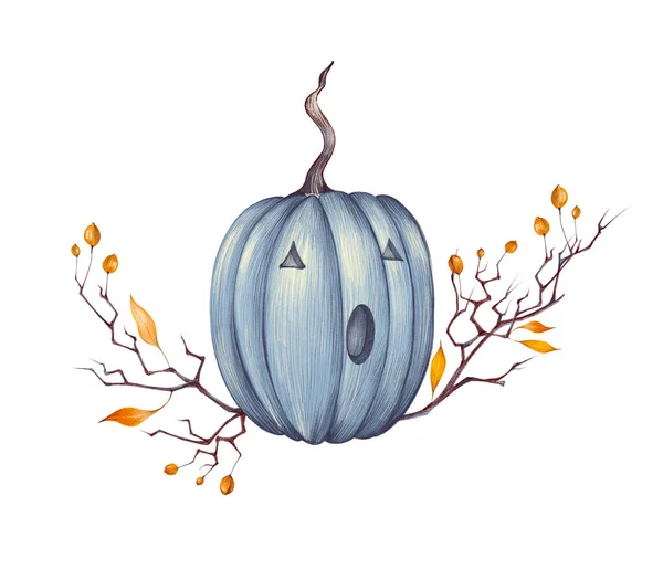 Acuarela dibujada a mano ilustración de Halloween con calabaza, rama, hojas de otoño, bayas de espino naranja aisladas sobre fondo blanco. Es perfecto para tarjetas, invitaciones a fiestas de Halloween, póster. — Foto de Stock