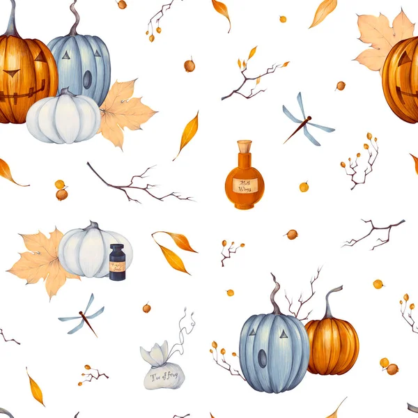 Watercolor Halloween seamless pattern with illustration of pumpkin, poison in a flask, branch, autumn leaves, berries, dragonfly. Traditional Halloween elements isolated on white background. — Stock Photo, Image