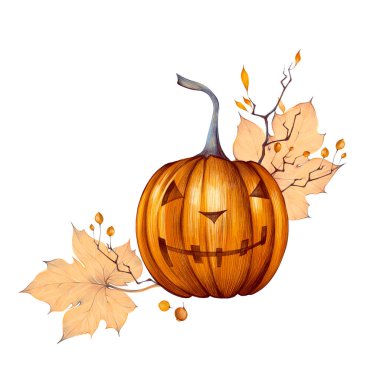 Suluboya el, balkabağı, dal, sonbahar yaprakları ve beyaz arka planda izole edilmiş portakal dikenli böğürtlenlerle Cadılar Bayramı illüstrasyonunu çizdi. Kartlar, cadılar bayramı davetiyeleri ve poster için mükemmel..