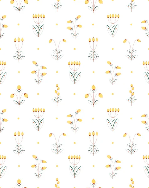 Акварель рука намальована безшовним візерунком з ілюстрацією декоративної рослинної квітки з жовтими ягодами, ізольованими на білому тлі. Мила старовинна плоска природа і квітковий дизайн . — стокове фото