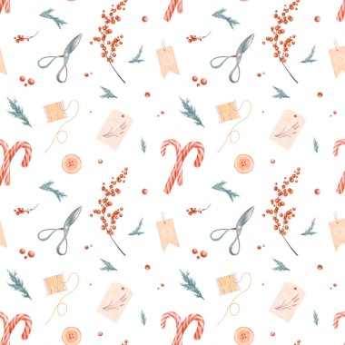 Beyaz arka planda izole edilmiş suluboya desenli hediye paketi seti. Jüt, ladin dalları, kırmızı böğürtlen dalları, şeker kamışı, retro makas ile tatil illüstrasyonu.