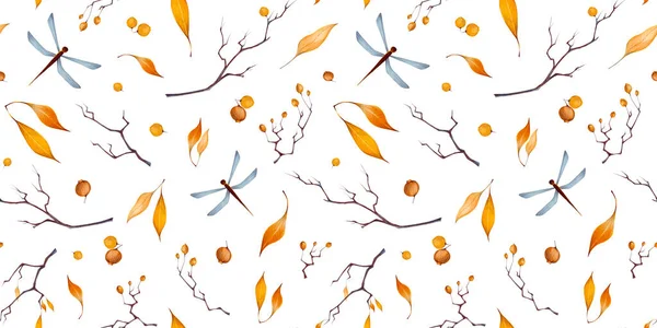 Акварель осінь Хеллоуїн безшовний візерунок в мультиплікаційному стилі з ілюстрацією гілок, осіннього листя, апельсинових ягід глоду, бабка. Елементи Нату, ізольовані на білому тлі . — стокове фото