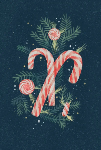 Vintage hand drawn New Year composition. Watercolor Christmas postcard with illustration of striped candy cane, lollipops, spruce christmas tree branches on dark blue snowy background. — Stock Photo, Image