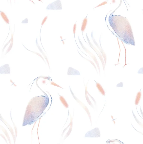 Watercolor delicate seamless pattern with illustration of birds heron in the water, reeds, grass, butterfly, stone isolated on white background. — Stock Photo, Image