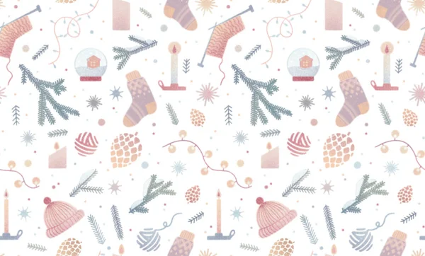 Aquarel vintage naadloos patroon met Kerst gezellige illustartion geïsoleerd op witte achtergrond. Hygge wintercollectie Nieuwjaar. Sokken, sparren, slinger, kaarsen, sneeuwvlokken. — Stockfoto