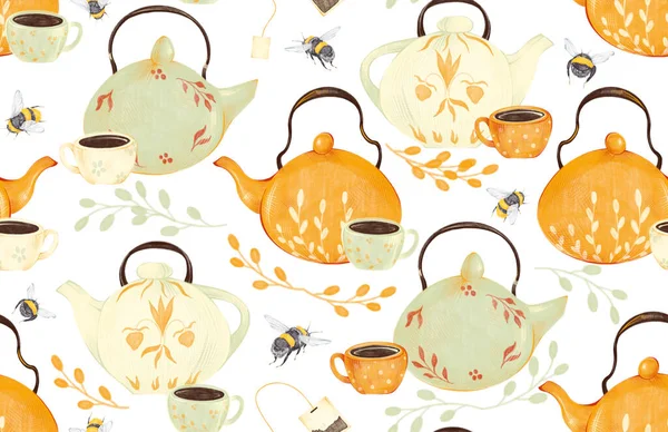 Watercolor tea mood seamless pattern with illustration of kettle, tea bag, cup, bee and branch in vintage style for fabrics, paper, textile, gift wrap isolated on white background. Teapot, breakfast. — Stock Photo, Image