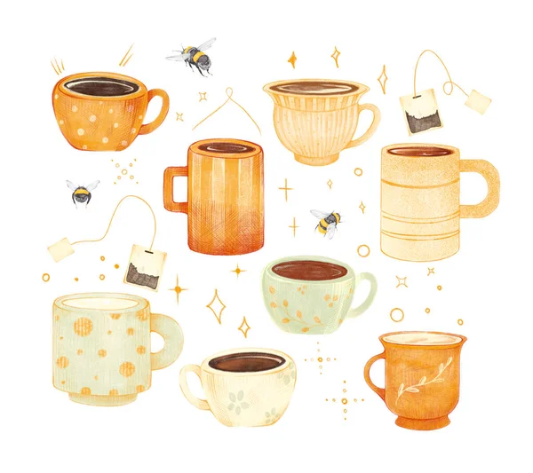 Aquarel hand getekend schattige vintage thee koffie, melk set met illustratie van vintage keramische beker, mok, hommel, theezakje, doodle elementen geïsoleerd op witte achtergrond. Magisch ontbijt. — Stockfoto