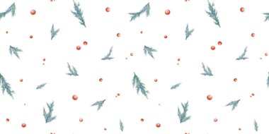 Suluboya el, Noel 'i ladin dalları ve kırmızı böğürtlenlerle kusursuz bir şekilde çizdi. Beyaz arkaplanda izole edilmiş Yeni Yıl resimleme unsurları.