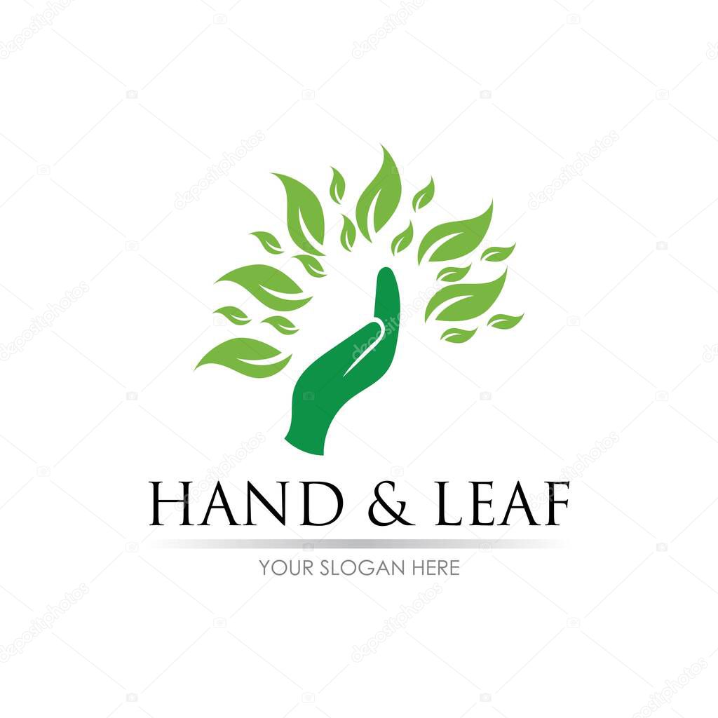 hand and leaf logo vector illustration design template