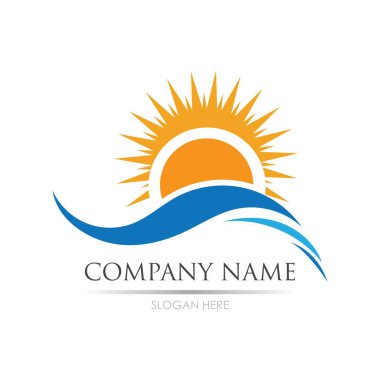 Deniz suyu dalgası ve güneş ikonu vektör çizim logosu - Vektör