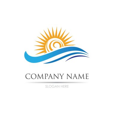 Deniz suyu dalgası ve güneş ikonu vektör çizim logosu - Vektör