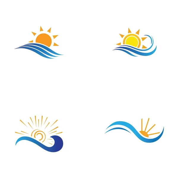 Θαλασσινό Νερό Κύμα Και Εικονίδιο Του Ήλιου Σύνολο Διανυσματική Εικονογράφηση — Διανυσματικό Αρχείο