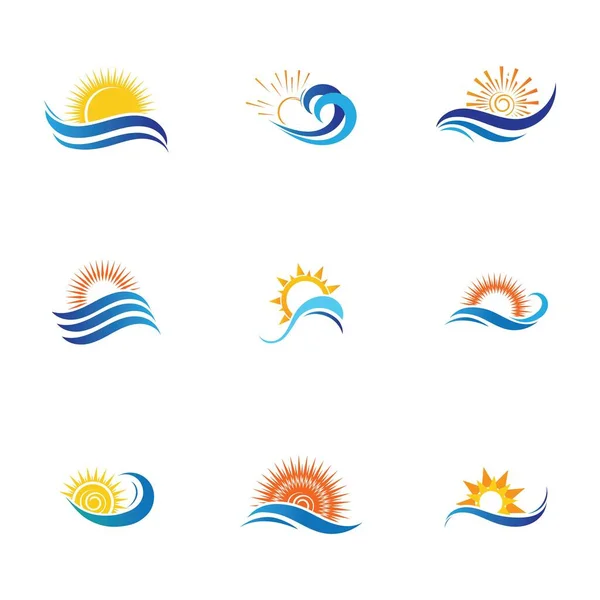 Conjunto Olas Agua Mar Icono Del Sol Logotipo Diseño Ilustración — Archivo Imágenes Vectoriales