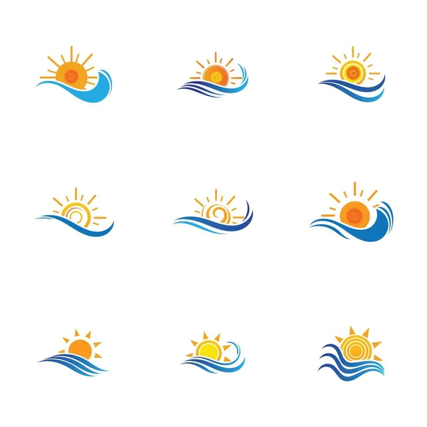 Ensemble Vague Eau Mer Icône Soleil Logo Vectoriel Illustration Design — Image vectorielle