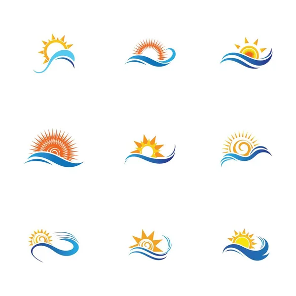 Σύνολο Της Θάλασσας Νερό Κύμα Και Εικονίδιο Του Ήλιου Εικονογράφηση — Διανυσματικό Αρχείο