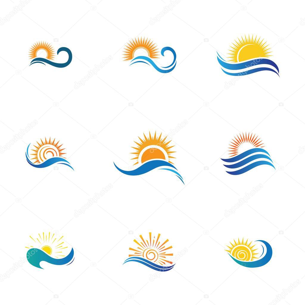 Set of sea Water wave and sun icon vector illustration design logo - Vector
