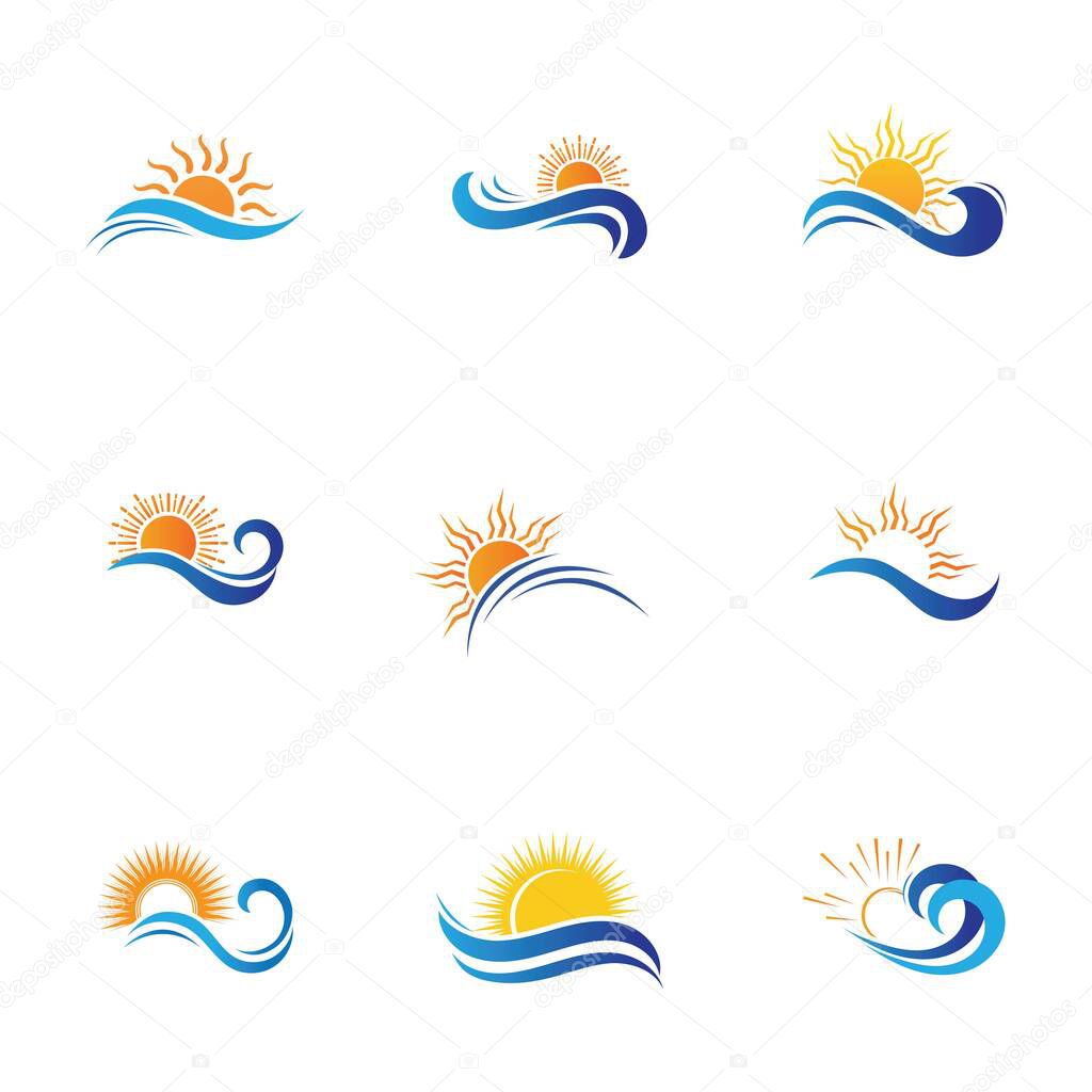 Set of sea Water wave and sun icon vector illustration design logo - Vector