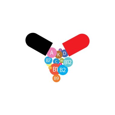 Multi Vitamin Kompleksi simgeleri. Çoklu vitamin takviyesi, A vitamini, B grubu B1, B2, B3, B5, B6, B7, B9, B12, C, D, E, K Bilim vektör çizimi, vektör simgesi Multivitamin kompleksi düz düz