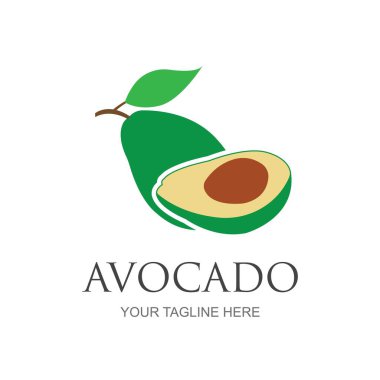 Avokado meyve logosu şablonu. Avokado yarısı yaprak vektör tasarımlı. Sağlıklı gıda logotyp