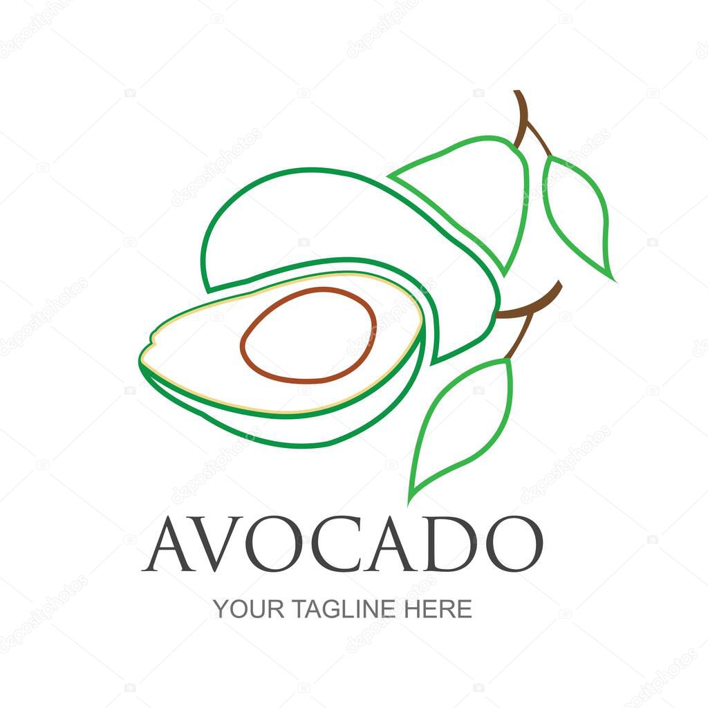 Avocado fruit logo template. Avocado half with leaf vector design. Health food logotyp