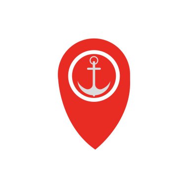 Beyaz vektör çiziminde yalıtılmış herhangi bir tasarım için sembol çapa ve deniz limanı simgesi dijital mor ile harita işaretçisi