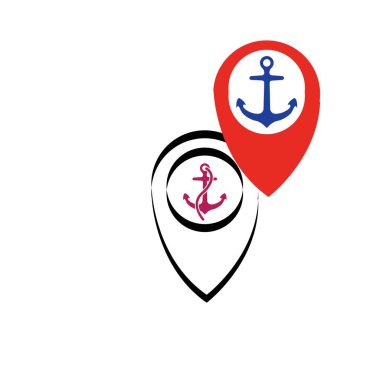Beyaz vektör çiziminde yalıtılmış herhangi bir tasarım için sembol çapa ve deniz limanı simgesi dijital mor ile harita işaretçisi