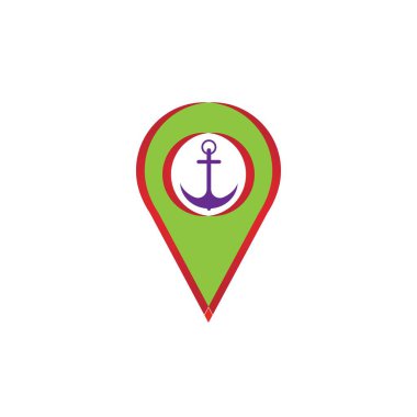 Beyaz vektör çiziminde yalıtılmış herhangi bir tasarım için sembol çapa ve deniz limanı simgesi dijital mor ile harita işaretçisi