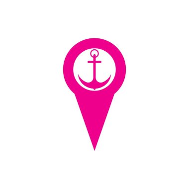 Beyaz vektör çiziminde yalıtılmış herhangi bir tasarım için sembol çapa ve deniz limanı simgesi dijital mor ile harita işaretçisi