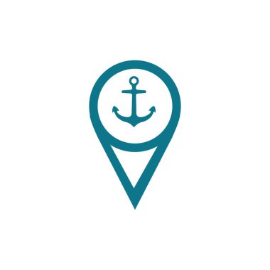 Beyaz vektör çiziminde yalıtılmış herhangi bir tasarım için sembol çapa ve deniz limanı simgesi dijital mor ile harita işaretçisi